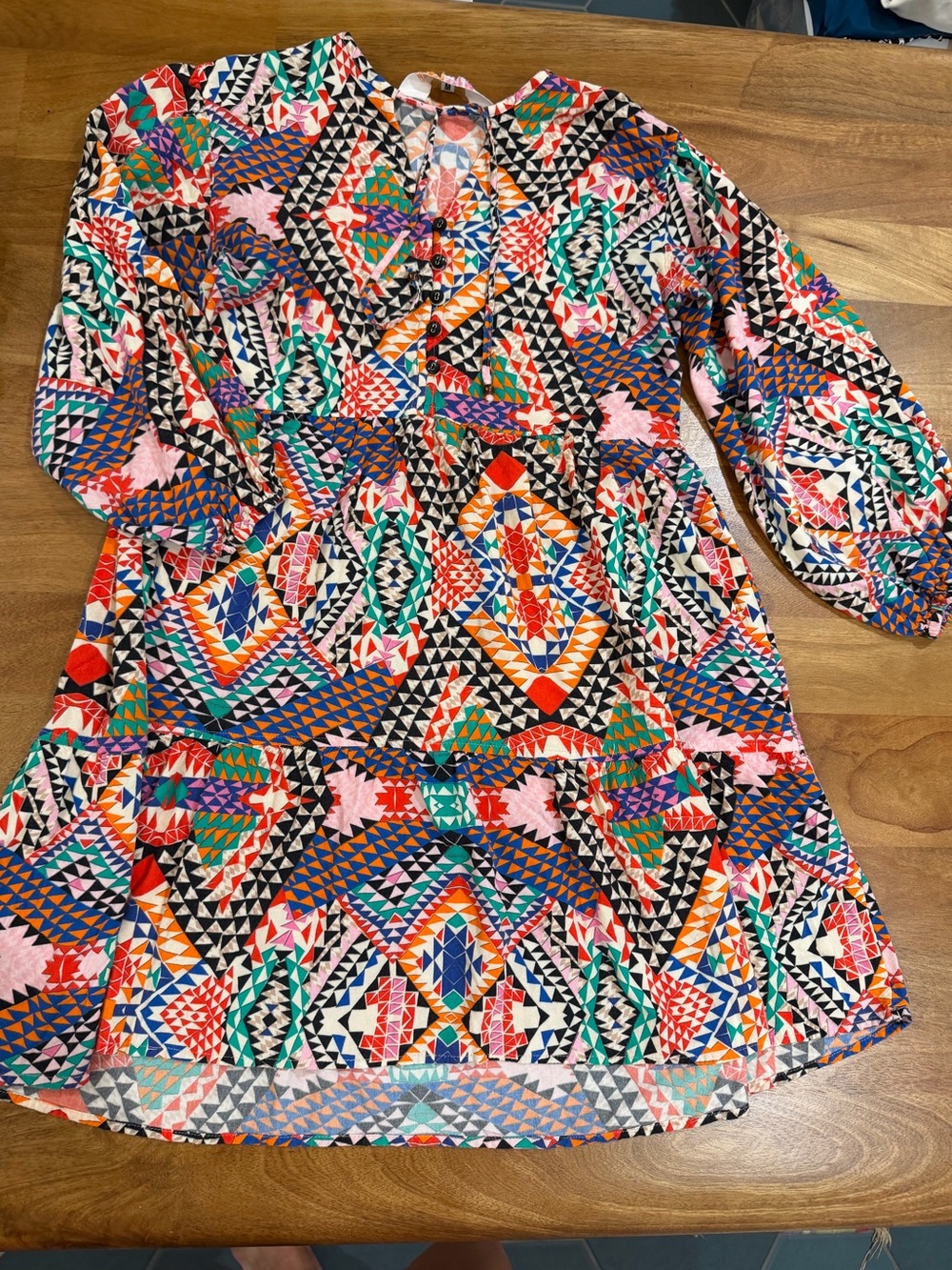 Briton Court Vibrant Boho Multicolor Geometric Long Sleeve Tiered Dress Medium